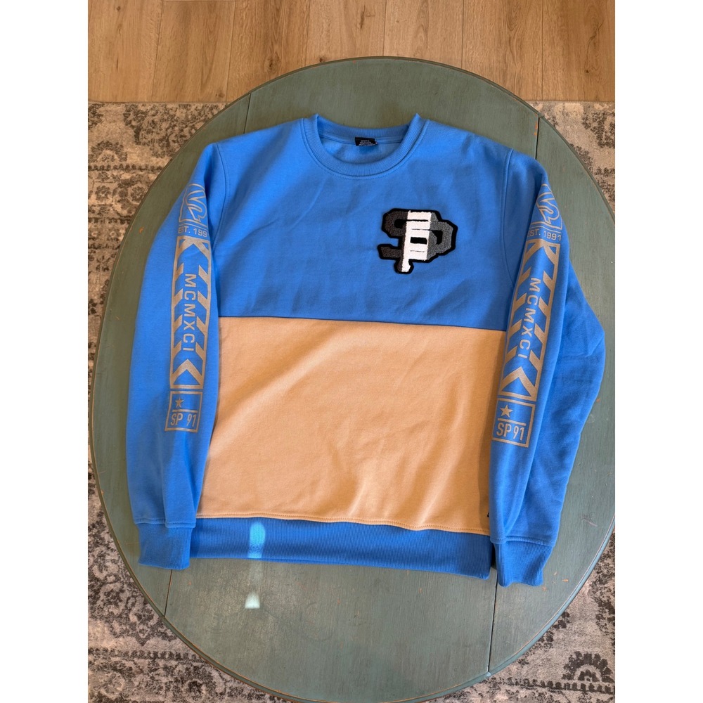 Southpole Mens Blue Tan Colorblock Graphic Sleeve Crewneck Sweatshirt Large‎